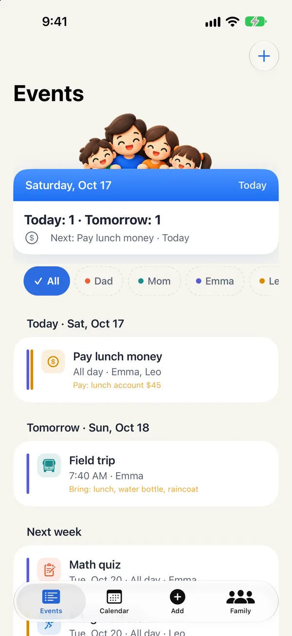 Events tab: what's on today and tomorrow