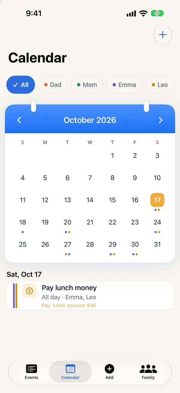 Calendar: each family member's events in their own color