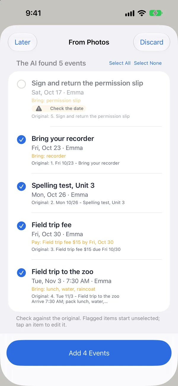 AI results: events found in a photo, ready to confirm