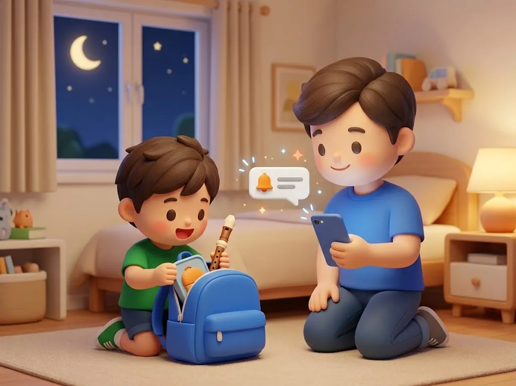晚上爸爸看着手机提醒,儿子把竖笛和饭盒放进书包