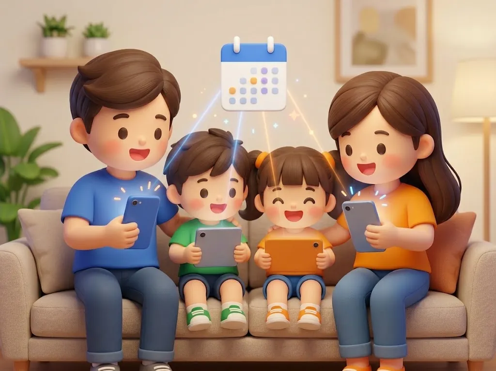 一家四口坐在沙发上,每个人的手机都弹出同一个日程